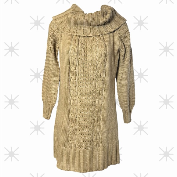 Onetheland Sweaters - Onetheland Tan Cable Knit Cowl Neck Sweater Dress Cozy Boho Long Sleeve Fall